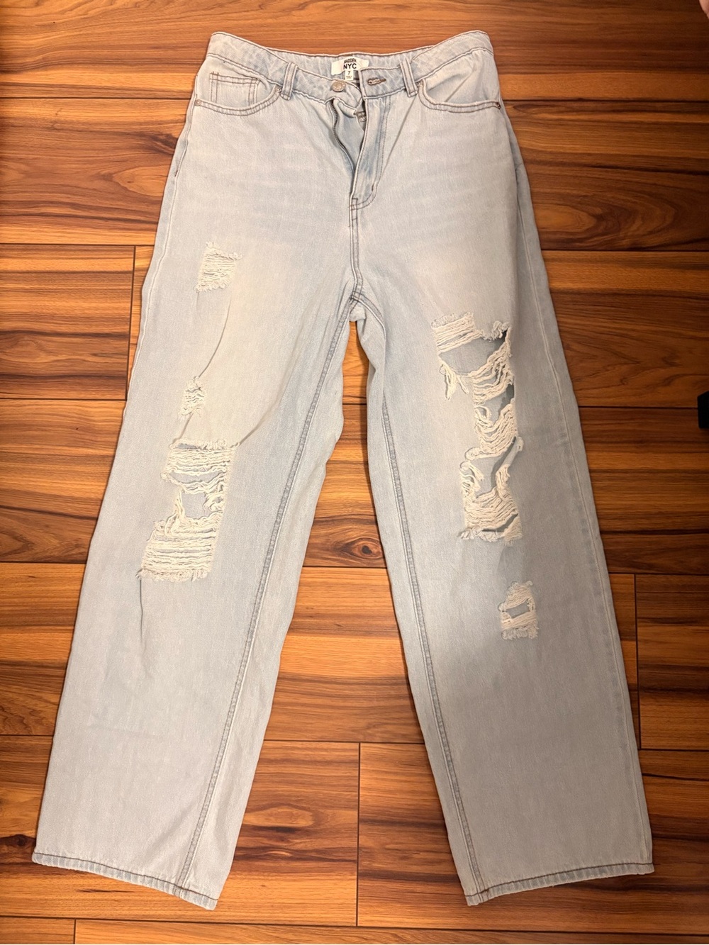 Light Blue Distressed Wide Leg Jeans - Women's Flare/Wide